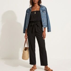 LOFT Petites Strapless Belted Jumpsuit in Black Size XS